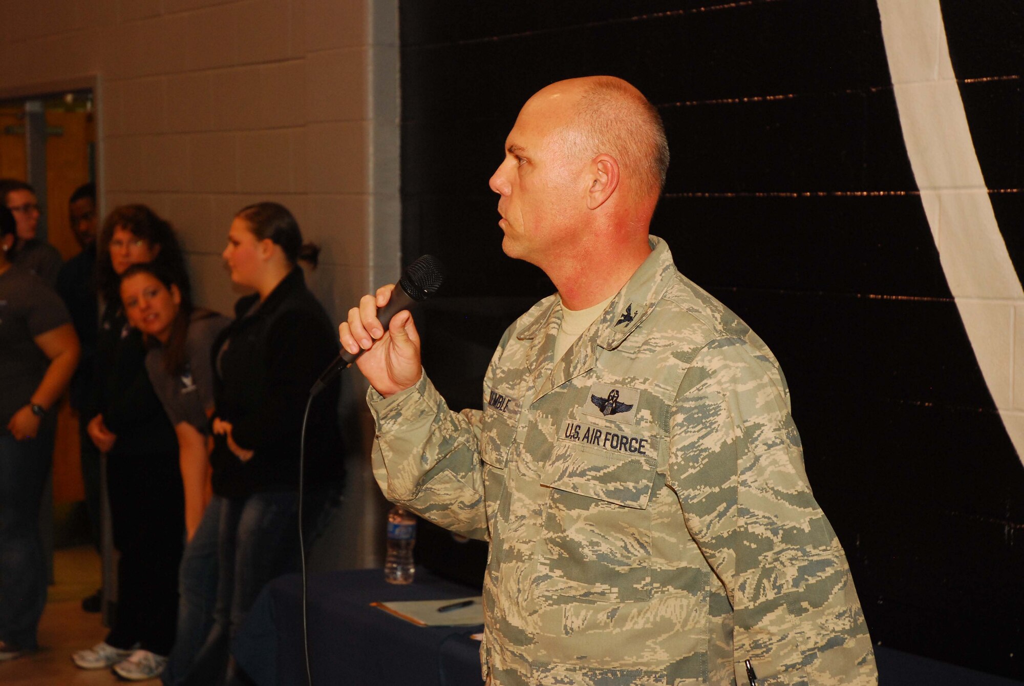Col. Richard Kemble, vice wing commander, speaks to the youth who participated in the drill competition at East Paulding High School March 5. These students came from 15 different high schools and participated in a full day of military drill competition in hopes of taking several trophies back to their respective school.  (U.S. Air Force photo/Shaun Shenk)