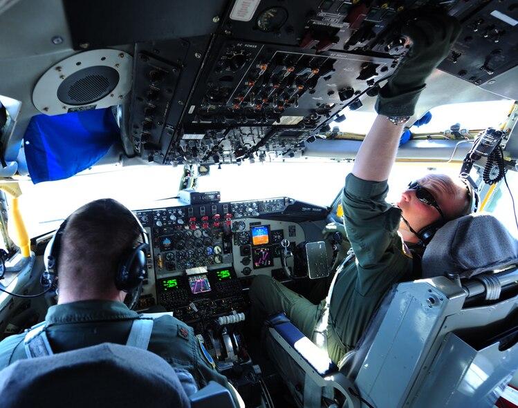 NELLIS AIR FORCE BASE, Nev. -- Maj. Marty Barnard and 1st. Lt. Nate Richeson, KC-135R Stratotanker pilots from the 166th Air Refueling Squadron, make preparations to land their aircraft during Operation Red Flag 11-3 Feb. 28. The KC-135R has provided the core air refueling capability for the United States Air Force for over 50 years. The KC-135 is also capable of transporting litter and ambulatory patients using patient support pallets during aeromedical evacuations. Red Flag is a realistic combat training exercise that provides heavily-contested and degraded operational environments to prepare crews for major combat operations against a near-peer adversary. (U.S. Air Force photo by 2nd Lt. Tony Richardson) (Released)