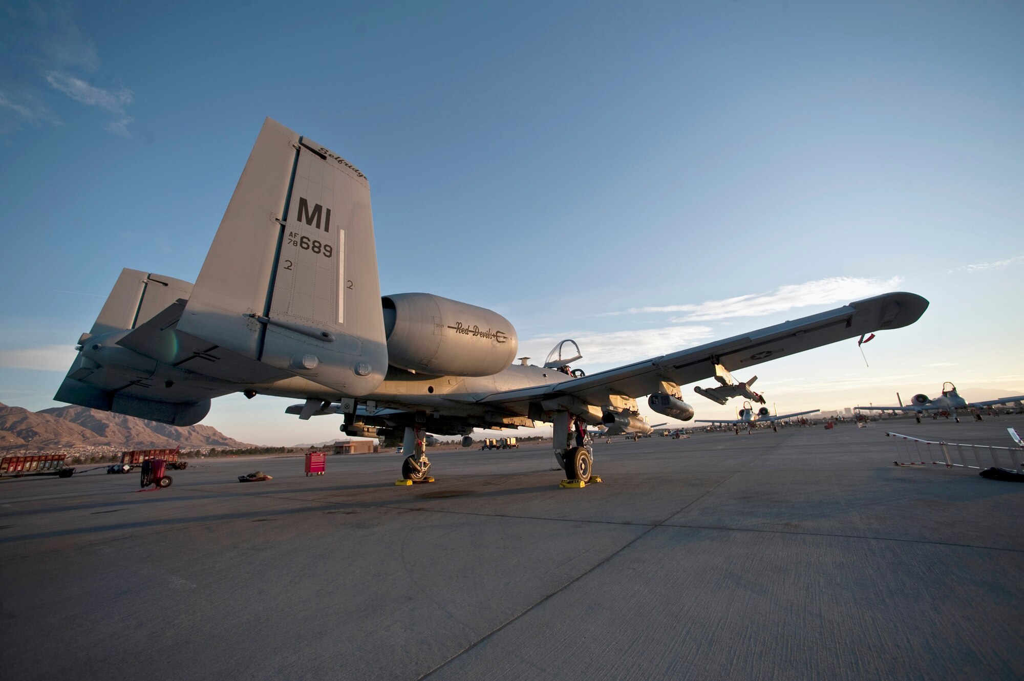 An A-10 Thunderbolt II sits on the flightline before a training mission Feb. 24, 2011, during exercise Red Flag at Nellis Air Force Base, Nev. (U.S. Air Force photo/Tech. Sgt. Michael R. Holzworth)