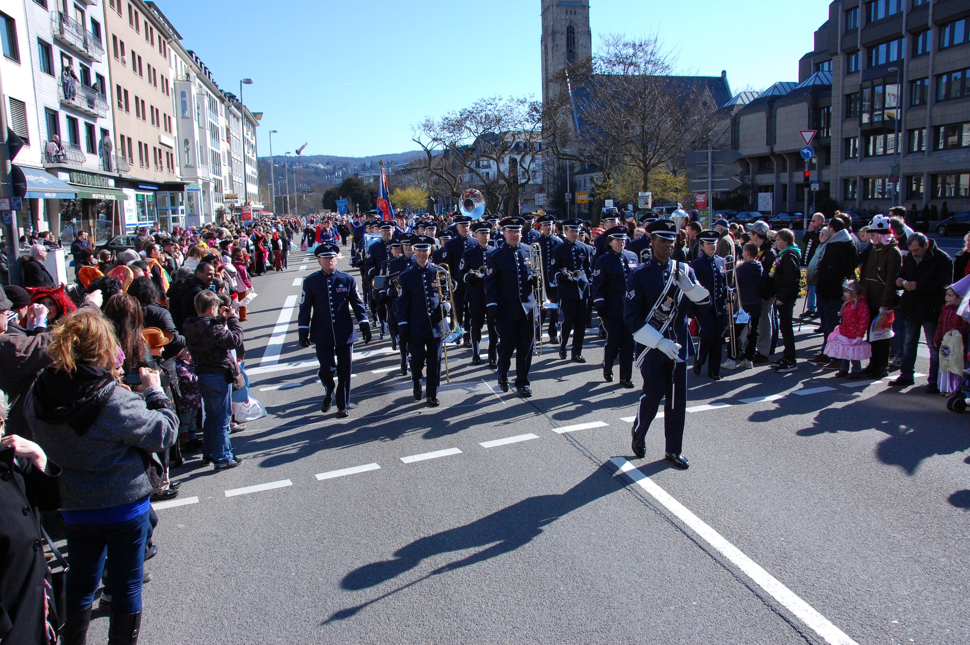 KOBLENZ, Germany -- The U.S. Air Forces in Europe Band marches past fans at the Rosenmontag Parade in Koblenz, Germany, March 7, 2011. (U.S. Air Force photo by Staff Sgt. Rachel Trimble)
