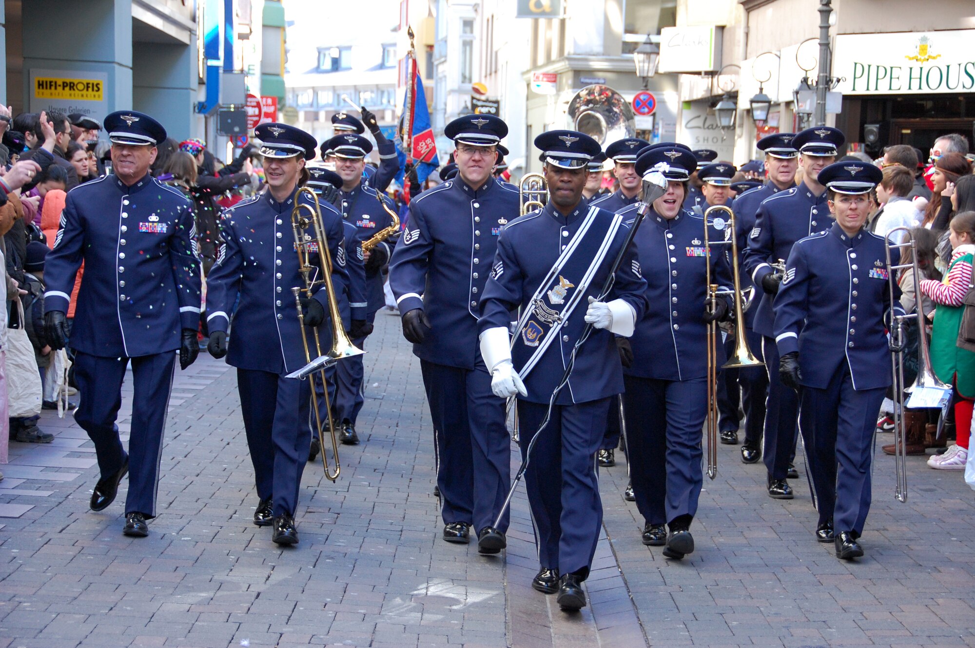 KOBLENZ, Germany -- The U.S. Air Forces in Europe Band marches past fans through the pedestrian zone during the Rosenmontag Parade in Koblenz, Germany, March 7, 2011. (U.S. Air Force photo by Staff Sgt. Rachel Trimble)