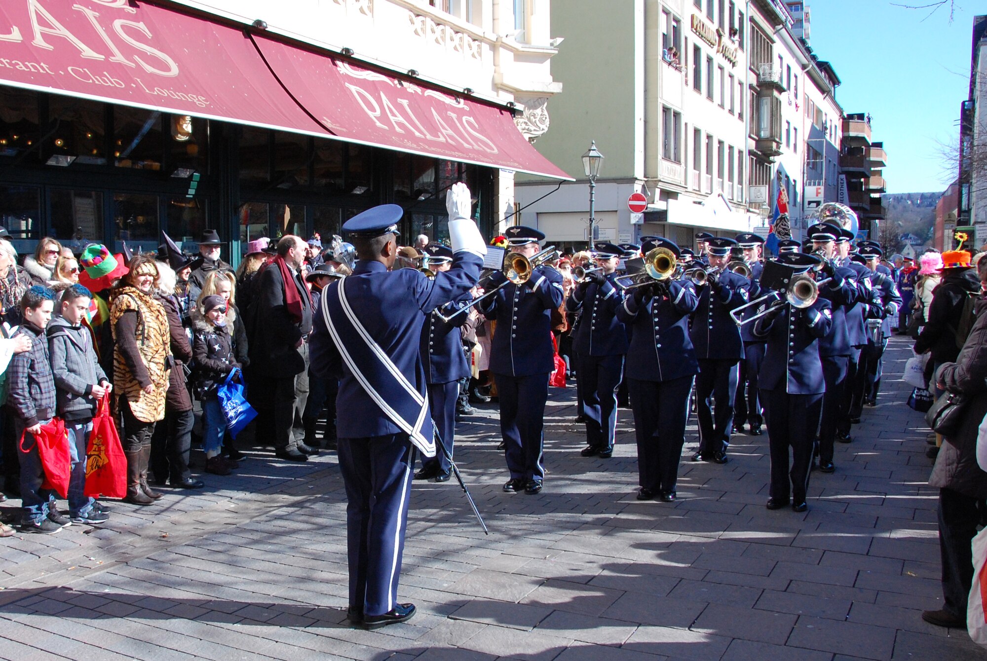 KOBLENZ, Germany -- The US Air Forces in Europe Band, directed by Drum Major Staff Sgt. Jerome Minor, performs for spectators at the Rosenmontag Parade in Koblenz, Germany, March 7, 2011. (U.S. Air Force photo by Staff Sgt. Rachel Trimble)