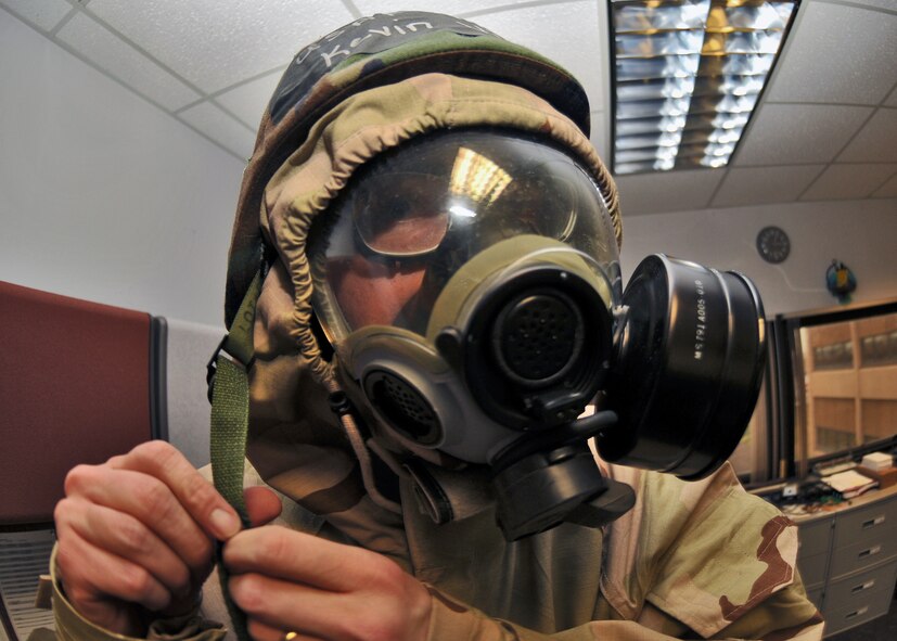 Master Sgt. Kevin Nichols, 914th Airlift Wing Public Affairs Office, wears his Mission Oriented Protective Posture (MOPP) gear, March 5, 2011 Niagara Falls Air Reserve Station, Niagara Falls, NY. Airlift Wing members went through all four MOPP protection levels in preparation of their upcoming Operational Readiness Inspection during the Unit Training Assembly. (U.S. Air Force photo by Staff Sgt. Joseph McKee)