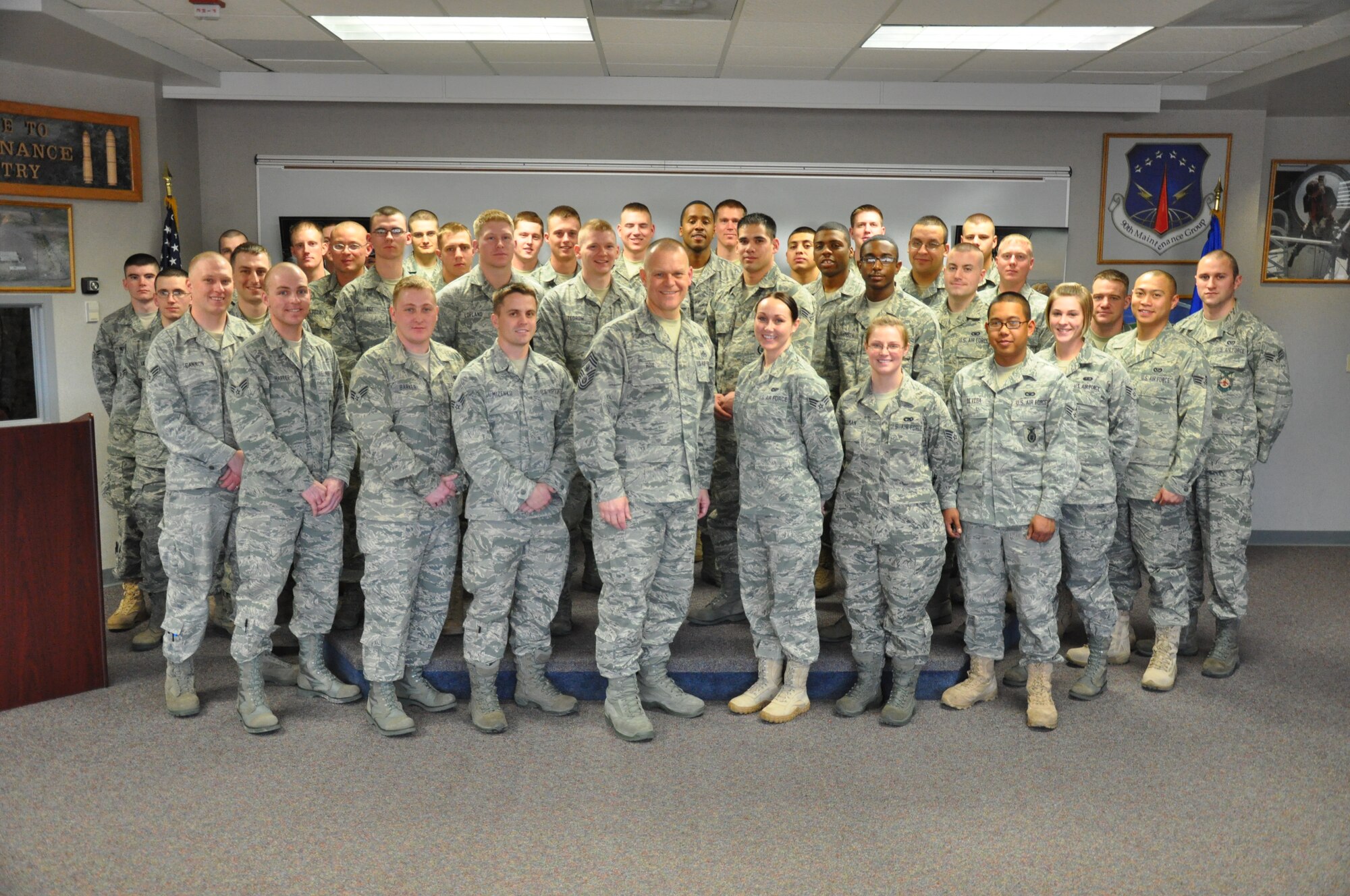 Chief Master Sgt. of the Air Force James Roy visits with Airmen attending the Airmen Leadership School and the First Term Airmen's Center March 2, 2011, at F.E. Warren Air Force Base, Wyo.  (U.S. Air Force photo/Staff Sgt. Mike Tryon)