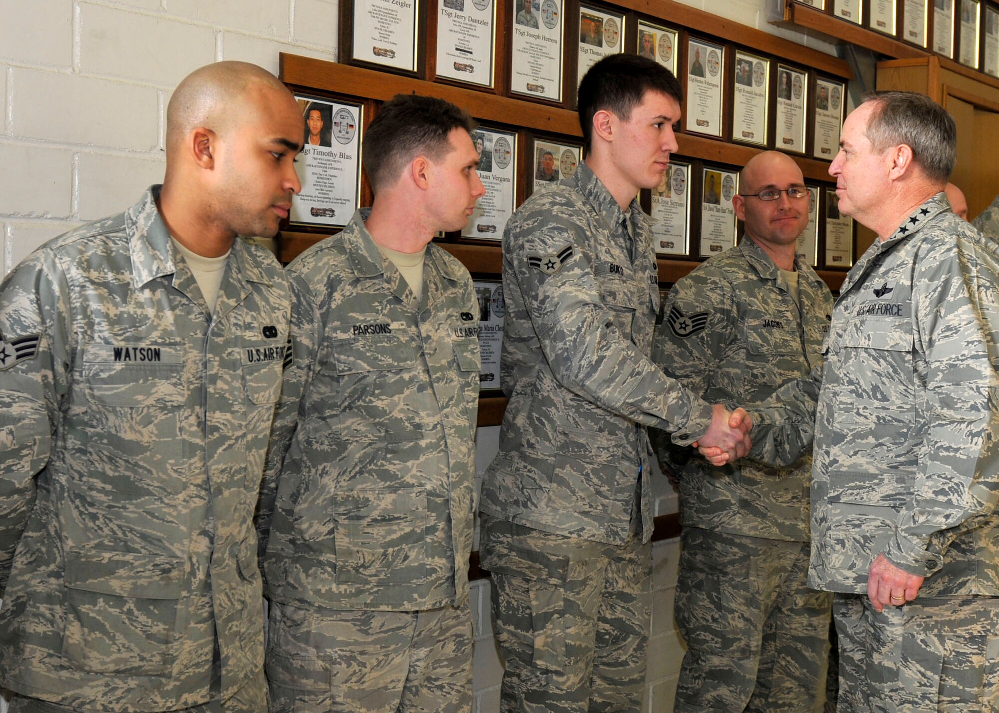 SPANGDAHLEM AIR BASE, Germany—Gen. Mark A. Welsh III, U.S. Air Forces in Europe commander, shakes the hands of Airmen from the 52nd Component Maintenance Squadron here March 1. The USAFE leaders visited various facilities at Spangdahlem AB to gain a better understanding of the 52nd Fighter Wing. (U.S. Air Force photo/Airman 1st Class Brittney Frees)