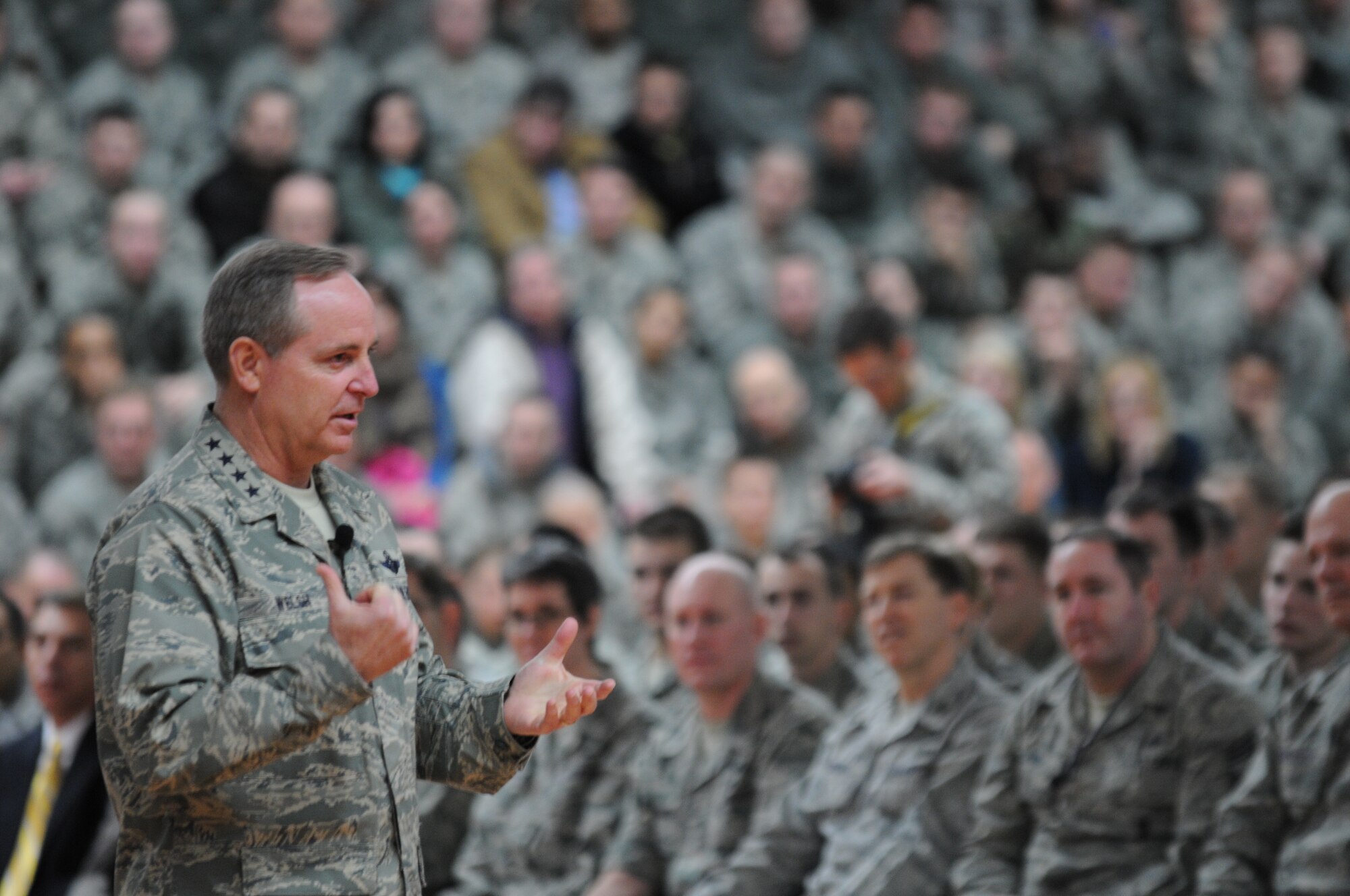 SPANGDAHLEM AIR BASE, Germany – Gen. Mark A. Welsh III, U.S. Air Forces in Europe commander, speaks to 52nd Fighter Wing Airmen at the Skelton Memorial Fitness Center here March 3. General Welsh assumed command of USAFE in December 2010, and visited Spangdahlem Air Base with Chief Williamson and their wives to get a better understanding of the 52nd FW’s mission and Airmen. (U.S. Air Force photo/Airman 1st Class Matthew B. Fredericks)