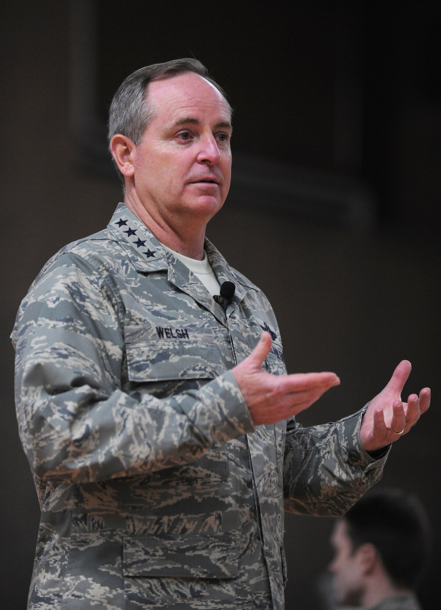 SPANGDAHLEM AIR BASE, Germany – Gen. Mark A. Welsh III, U.S. Air Forces in Europe commander, speaks to members of the 52nd Fighter Wing during a commander’s call here March 2. General Welsh visited the wing to discuss his vision for USAFE and better understand how Airmen here operate. (U.S. Air Force photo/Senior Airman Nathanael Callon)