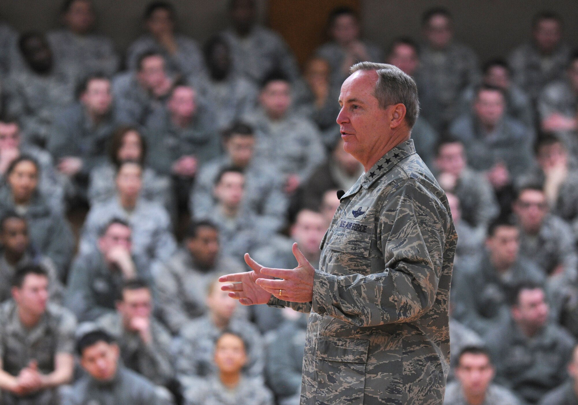 SPANGDAHLEM AIR BASE, Germany – Gen. Mark A. Welsh III, U.S. Air Forces in Europe commander, speaks to members of the 52nd Fighter Wing during a commander’s call here March 2. General Welsh visited the wing to discuss his vision for USAFE and better understand how Airmen here operate. (U.S. Air Force photo/Senior Airman Nathanael Callon)