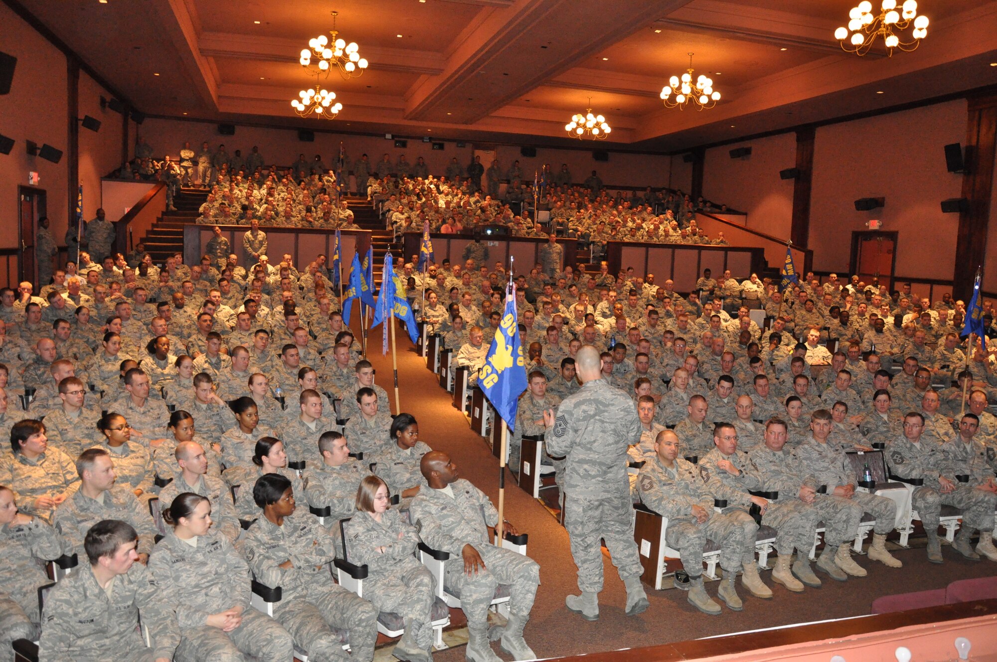 Chief Master Sgt. of the Air Force James Roy speaks with Airmen at the base theater at F.E. Warren AFB, Wyo., March 3, during his first of two planned visits to Air Force Global Strike Command bases. While on base he was the keynote speaker at their National Prayer Luncheon. (U.S. Air Force photo by Staff Sgt. Mike Tryon)
