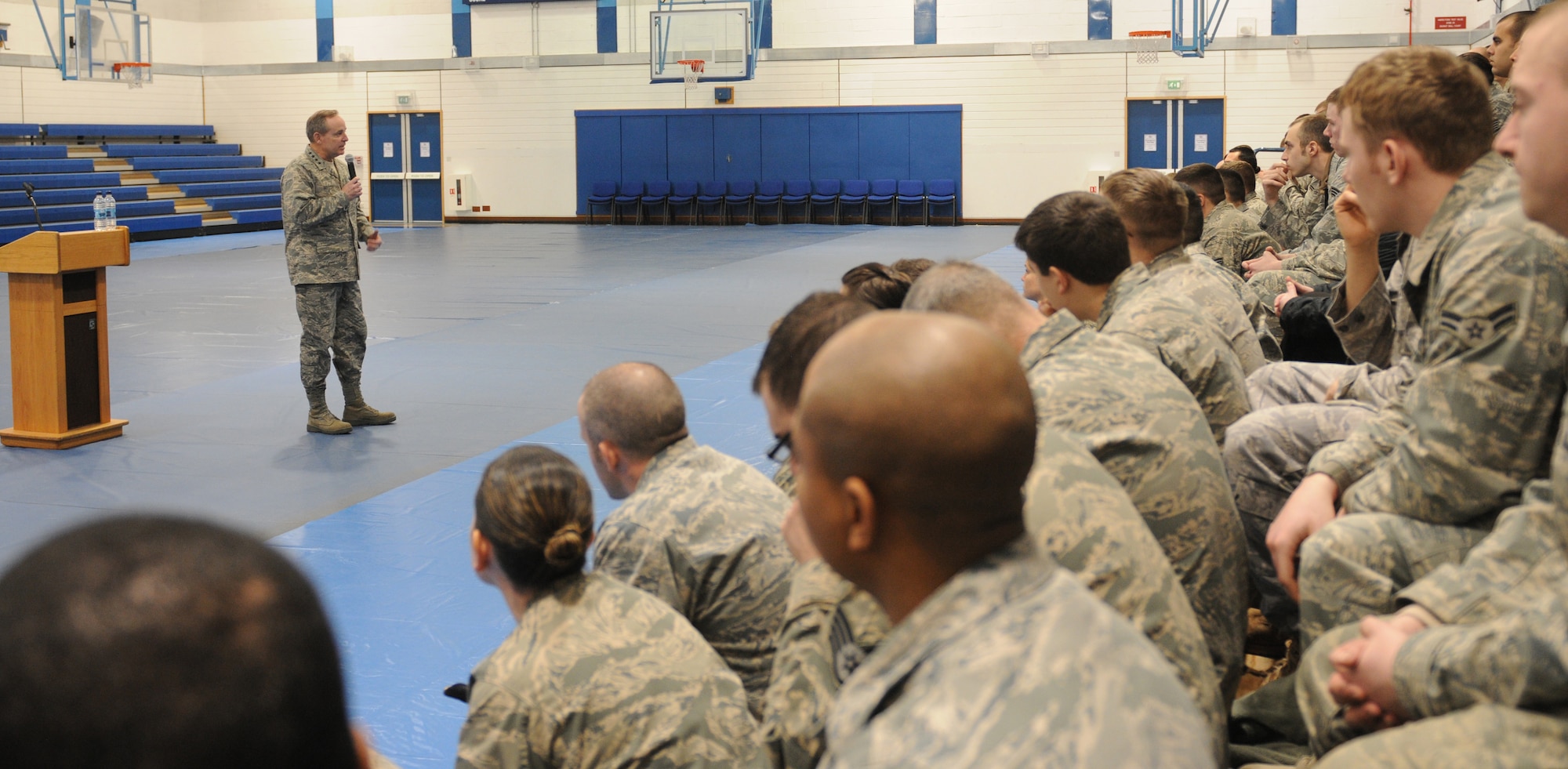 ROYAL AIR FORCE LAKENHEATH, England -- Gen. Mark A. Welsh III, U.S. Air Forces in Europe commander, speaks to 48th Security Force Squadron Airmen about the Frankfurt shooting incident March 3. One of the two Airmen killed and both injured during the shooting incident at the Frankfurt International Airport on March 2, was from the 48th SFS. (U.S. Air Force photo/Staff Sgt. Stephen Linch)

