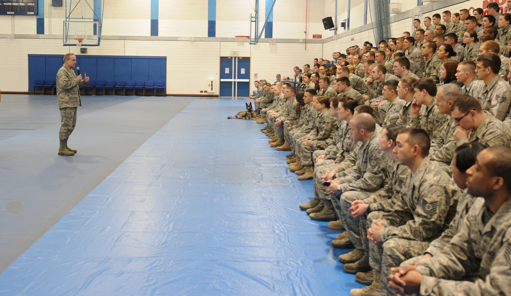 ROYAL AIR FORCE LAKENHEATH, England -- Gen. Mark A. Welsh III, U.S. Air Forces in Europe commander, speaks to 48th Security Force Squadron Airmen about the Frankfurt shooting incident March 3. One of the two Airmen killed during the shooting incident at the Frankfurt International Airport on March 2, was from the 48th SFS. The two wounded Airmen are also from the 48th SFS. The other Airman killed in the incident was from Ramstein Air Base, Germany. (U.S. Air Force photo/Staff Sgt. Stephen Linch)