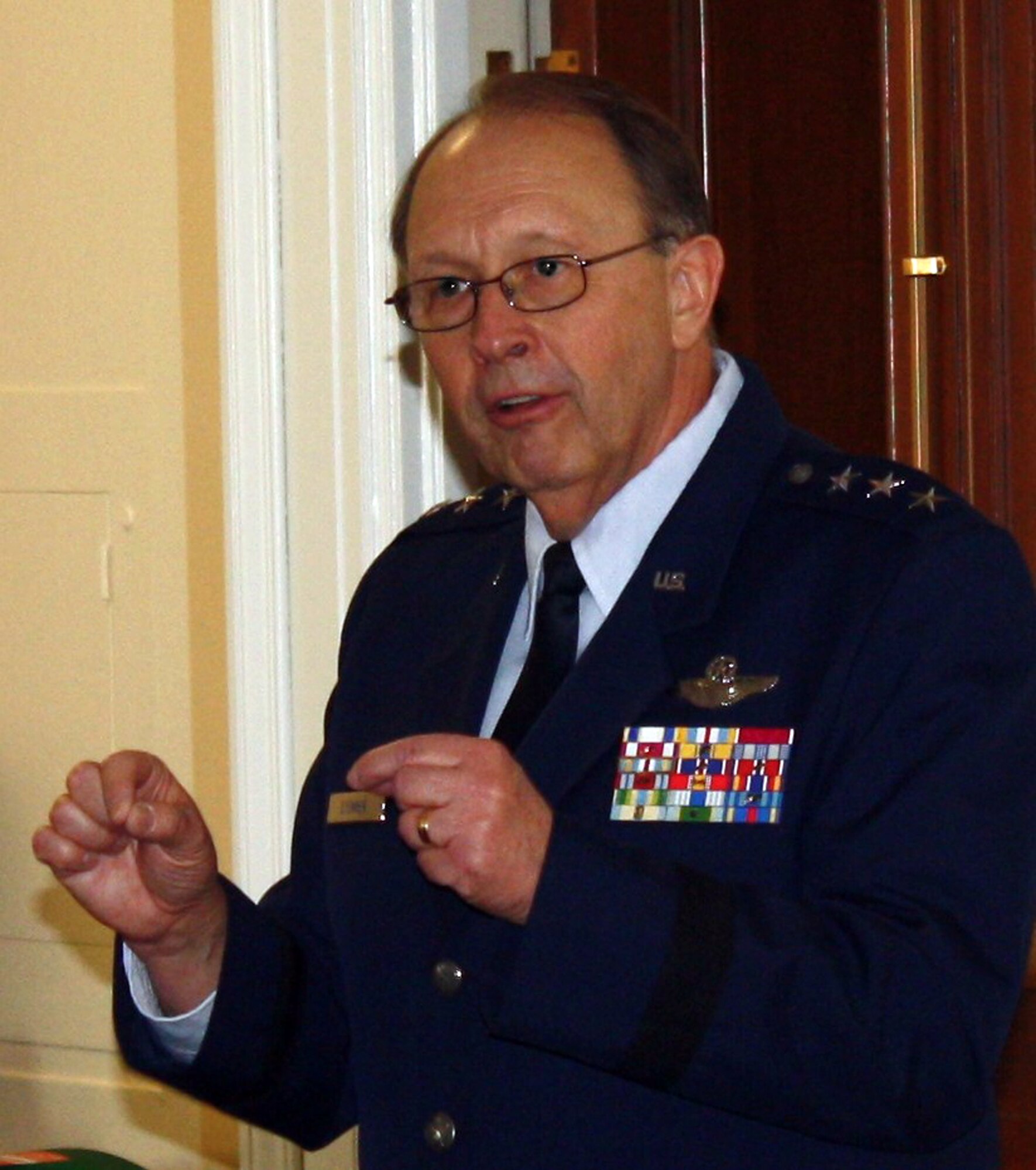 Lt. Gen. Charles E. Stenner Jr., addresses more than 60 congressional staffers and military liaison officers at the Senate and House on Feb. 25.  He discussed his top three legislative priorities:  "Force Readiness, Force Rebalance and Force Support." The new priorities are designed to focus congressional policy discussions as the nation faces tough budget decisions in challenging financial times. "If you had unlimited funds, you could just keep the entire military on full-time status," said General Stenner.  "But since we need to be cost-effective, we need to put certain amount of capability in the Guard and Reserve and call on them only when we need them." (U.S. Air Force photo/Col. Bob Thompson)