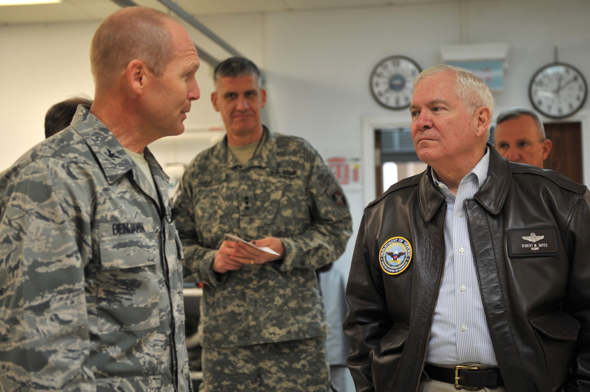 Col. Christian Benjamin (left), Task Force Medical East commander, briefs Defense Secretary Robert M. Gates at Craig Joint Theater Hospital at Bagram Airfield, Afghanistan during his visit March 7, 2011. (U.S. Air Force photo by Senior Airman Sheila deVera)