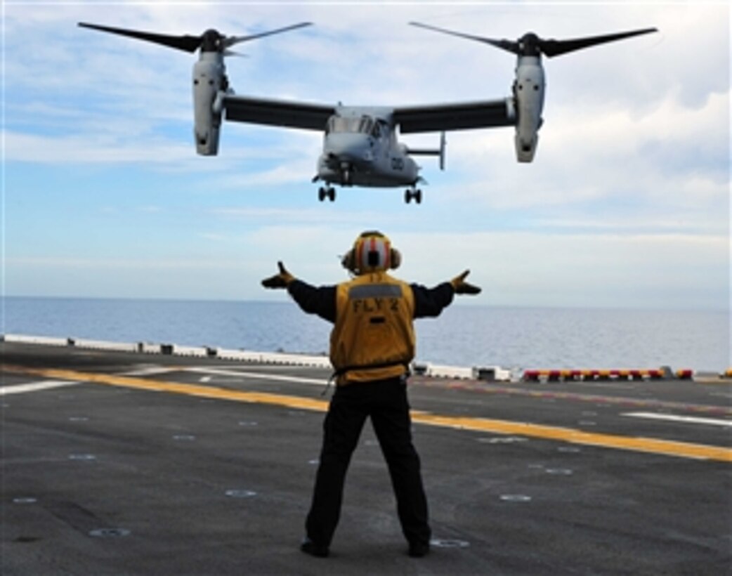 An MV-22 Osprey tiltrotor aircraft attached to Marine Medium Tiltrotor Squadron 166 approaches the flight deck of the amphibious assault ship USS Makin Island (LHD 8) in the Pacific Ocean on March 1, 2011.  