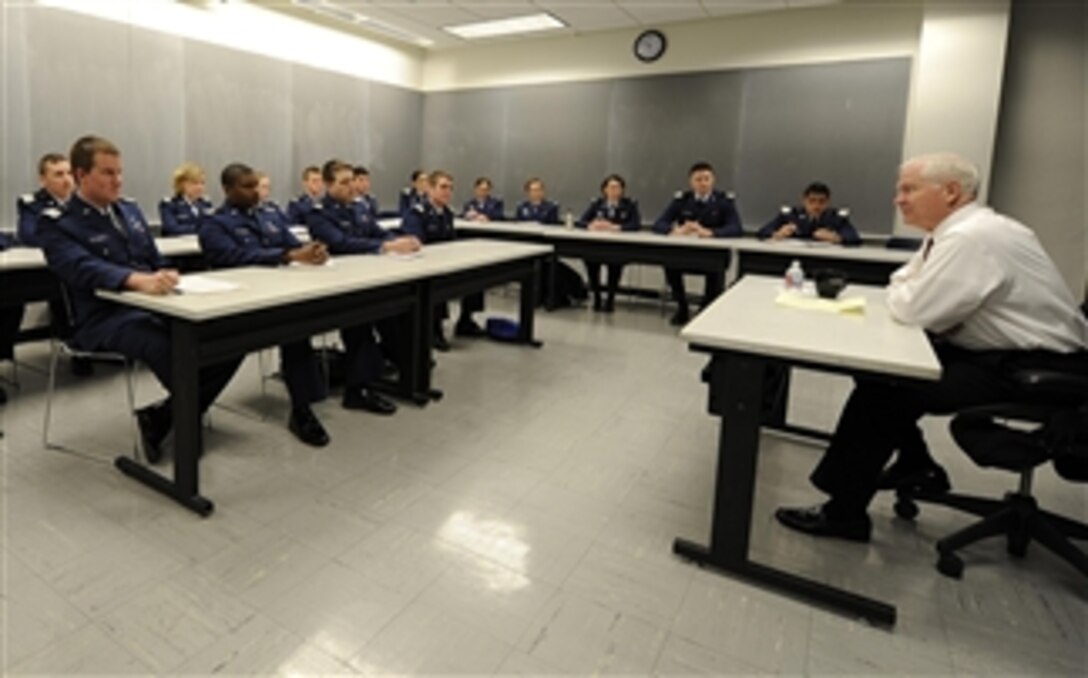 Secretary of Defense Robert M. Gates talks with Air Force Academy Cadets while teaching a Political Science class as part of the Capstone Seminar at the Air Force Academy in Colorado Springs, Co., on March 4, 2011.  