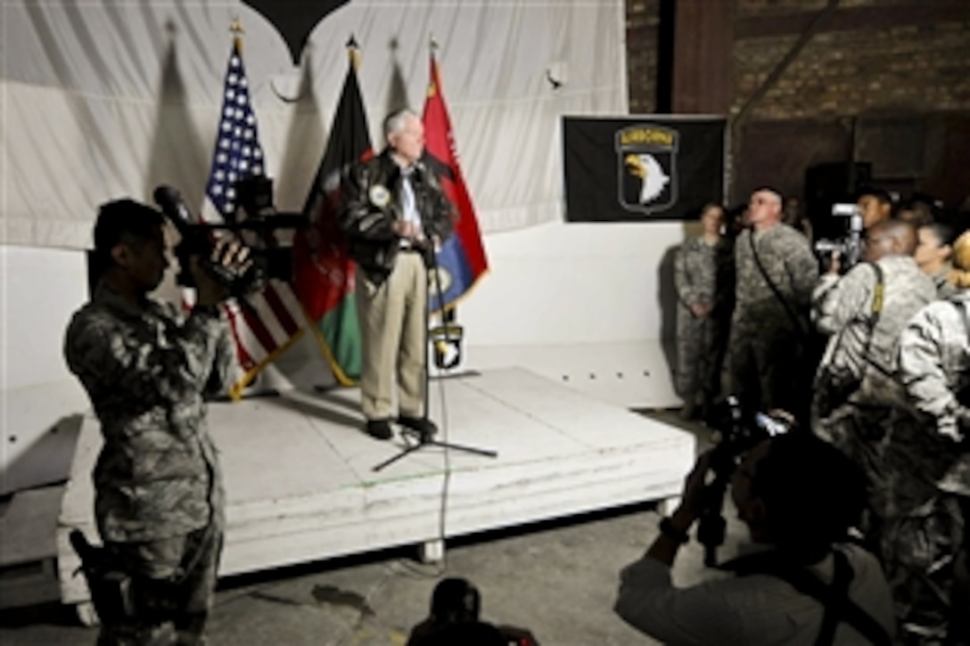 U.S. Defense Secretary Robert M. Gates speaks to troops on Bagram Air Field, in Afghanistan, March 7, 2011. Gates is in Afghanistan to visit troops, meet with Afghan President Hamid Karzai and talk with NATO military leaders about progress being made toward transitioning security responsibility to Afghan forces, set to start in July. 