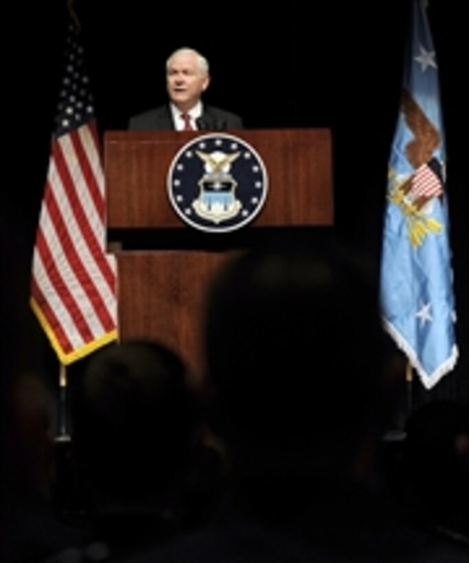 Secretary of Defense Robert M. Gates talks to cadets in Arnold Hall during a visit to teach both Political Science and National Security classes as part of the Capstone Seminar at the Air Force Academy in Colorado Springs, Co., on March 4, 2011.  