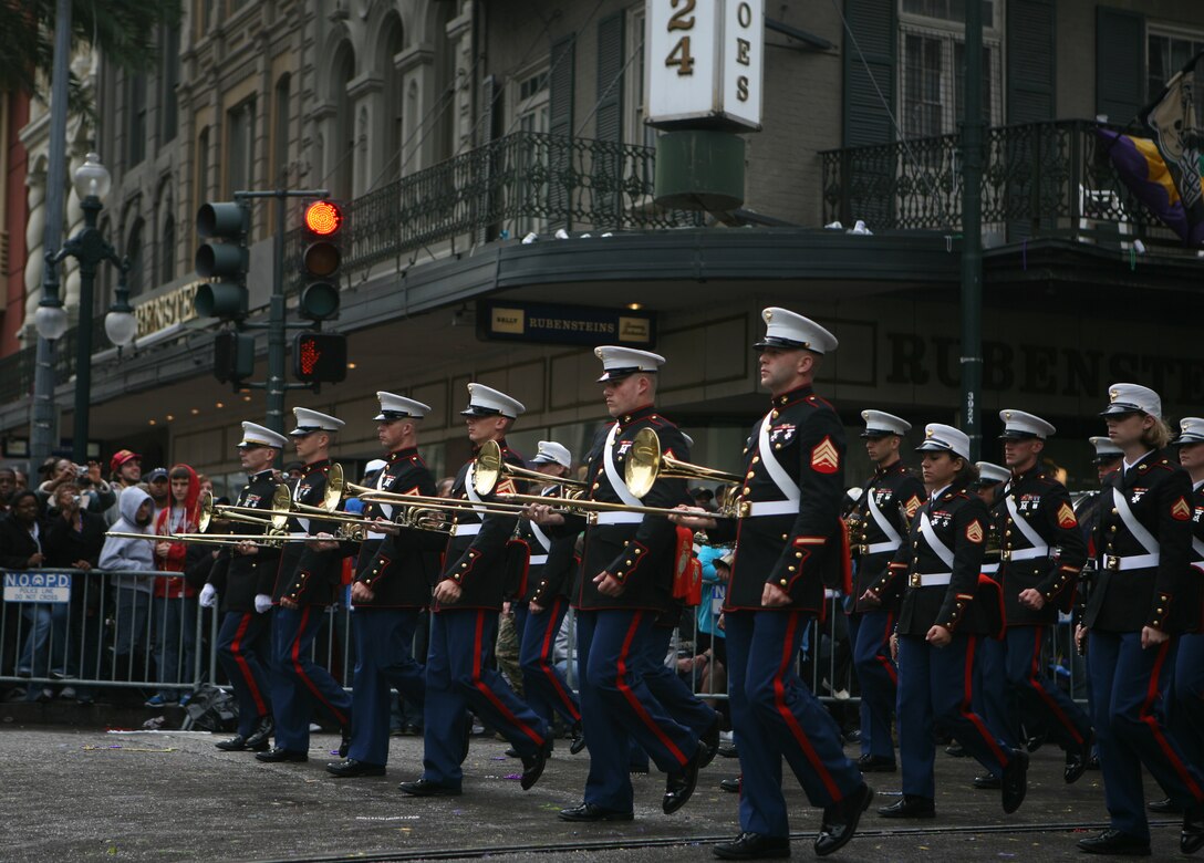 The 2nd Marine Division Band marches down the streets of New Orleans during their trip to Mardi Gras March 8, 2011. The parade, known as Zulu, was the final parade they performed in for the 2011 Mardi Gras celebration.