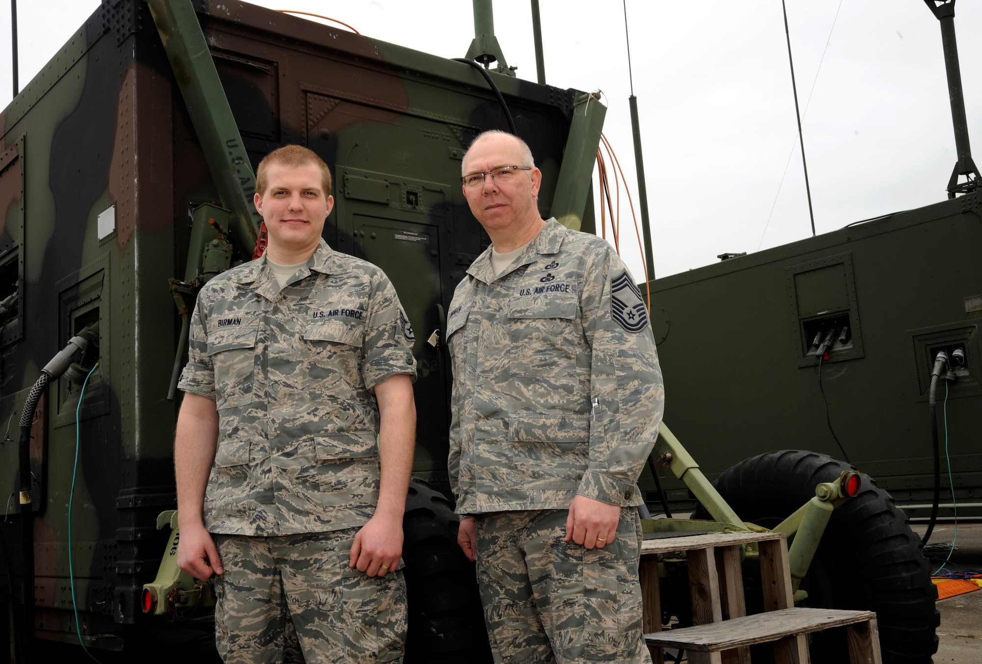 Oregon Air National Guard Staff Sgt. Tyler Birman and Chief Master Sgt. Bob Birman of the 116th Air Control Squadron stand outside some of their current mission stations during pre-deploy at Camp Rilea, Ore., on February 3, 2011. The father and son Airmen are preparing to deploy to the Middle East as part of Air Force Centeral Command (CENTAF) and are training on the new Battle Control Center, otherwise known as the BC-3 equipment they will use in-theater when they arrive in March of 2011. (U.S. Air Force Photograph by Tech. Sgt. John Hughel, 142nd Fighter Wing Public Affairs)