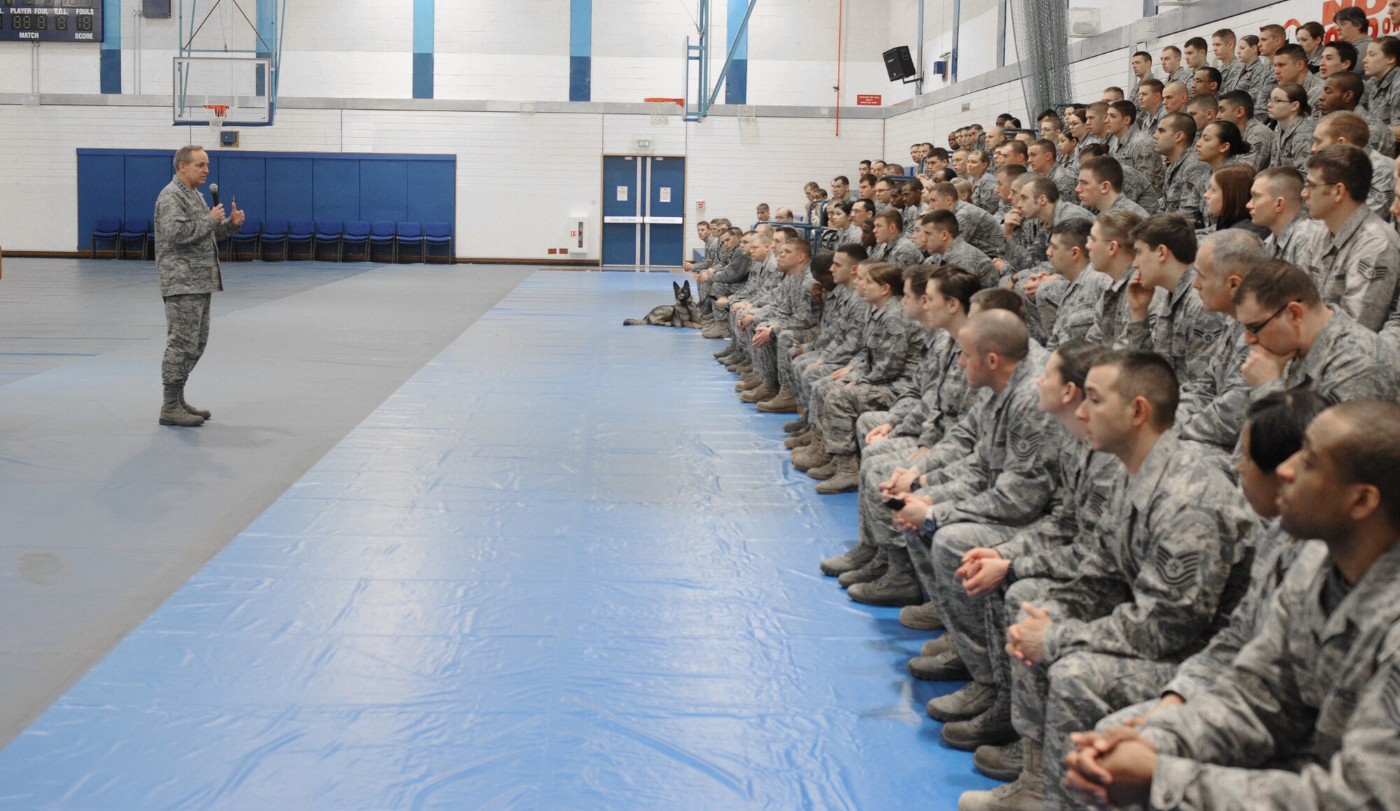 Gen. Mark A. Welsh III, the commander of U.S. Air Forces in Europe, speaks to 48th Security Force Squadron Airmen March 3, 2011, at Royal Air Force Lakenheath, England, regarding the shooting that occurred March 2, 2011, at Frankfurt International Airport, Germany. One of the two Airmen killed during the shooting was from the 48th SFS at RAF Lakenheath. The two wounded Airmen are also from the 48th SFS. The other Airman killed in the incident was from Ramstein Air Base, Germany. (U.S. Air Force photo/Staff Sgt. Stephen Linch)