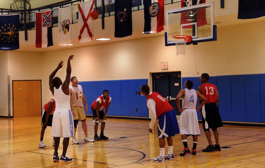 MOODY AIR FORCE BASE, Ga. -- Blake Williams, 23rd Force Support Squadron team member, attempts a free throw after being fouled during the championship intramural basketball game March 7. This was the second time during the season that the 23rd FSS played and beat the 822nd Base Defense Squadron. (U.S. Air Force photo/Airman 1st Class Douglas Ellis)(RELEASED)
