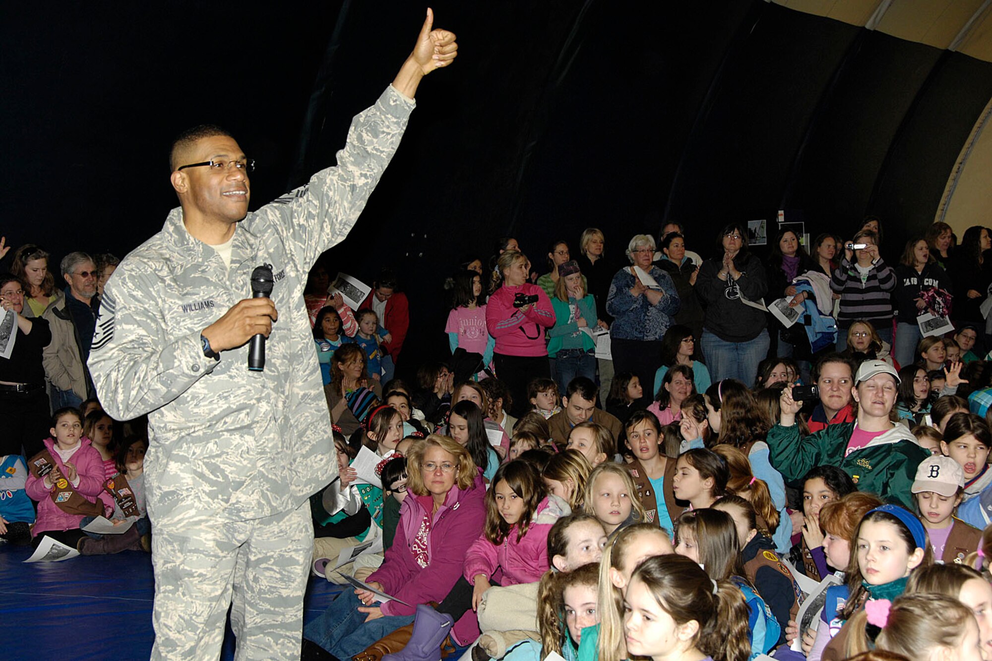 HANSCOM AIR FORCE BASE, Mass. – Chief Master Sgt. Kenneth Williams, Electronic Systems Center command chief, thanks Girl Scouts, parents and troop leaders after all cookies had been delivered during Operation Cookie Drop on March 5. More than 1,500 Girl Scouts dropped off approximately 30,000 boxes of cookies to 11 troop-focused non-profit organizations and military and federal government agencies during the one-day event. (U.S. Air Force photo by Linda LaBonte Britt)