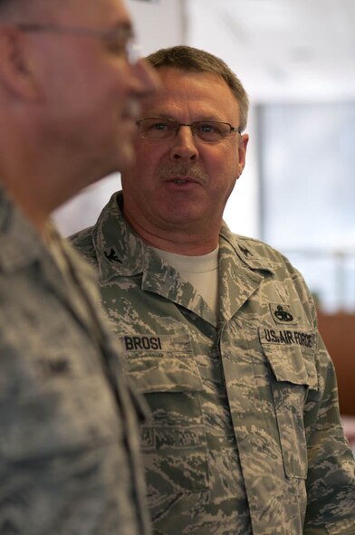 Colonel Norm Brosi, gives a speech for the promotion ceremony of Senior Master Sergeant Darrel Lamme, 139th Airlift Wing, MO. Air National Guard, to Chief Master Sergeant Saturday, March 5, 2011, St. Joseph, Mo.   (U.S. Air Force photo by Airman 1st Class Kelsey Stuart/Released)