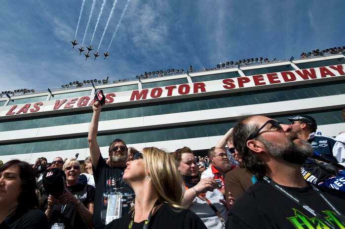 LAS VEGAS -- The U.S. Air Force Air Demonstration Squadron "The Thunderbirds" fly over the Las Vegas Motor Speedway during the opening ceremonies of the Kobalt Tools 400 race at the Las Vegas Motor Speedway as part of the NASCAR Sprint Cup Series March 6. The Thunderbird team is located at Nellis Air Force Base, Nev. (U.S. Air Force photo by Senior Airman Brett Clashman)