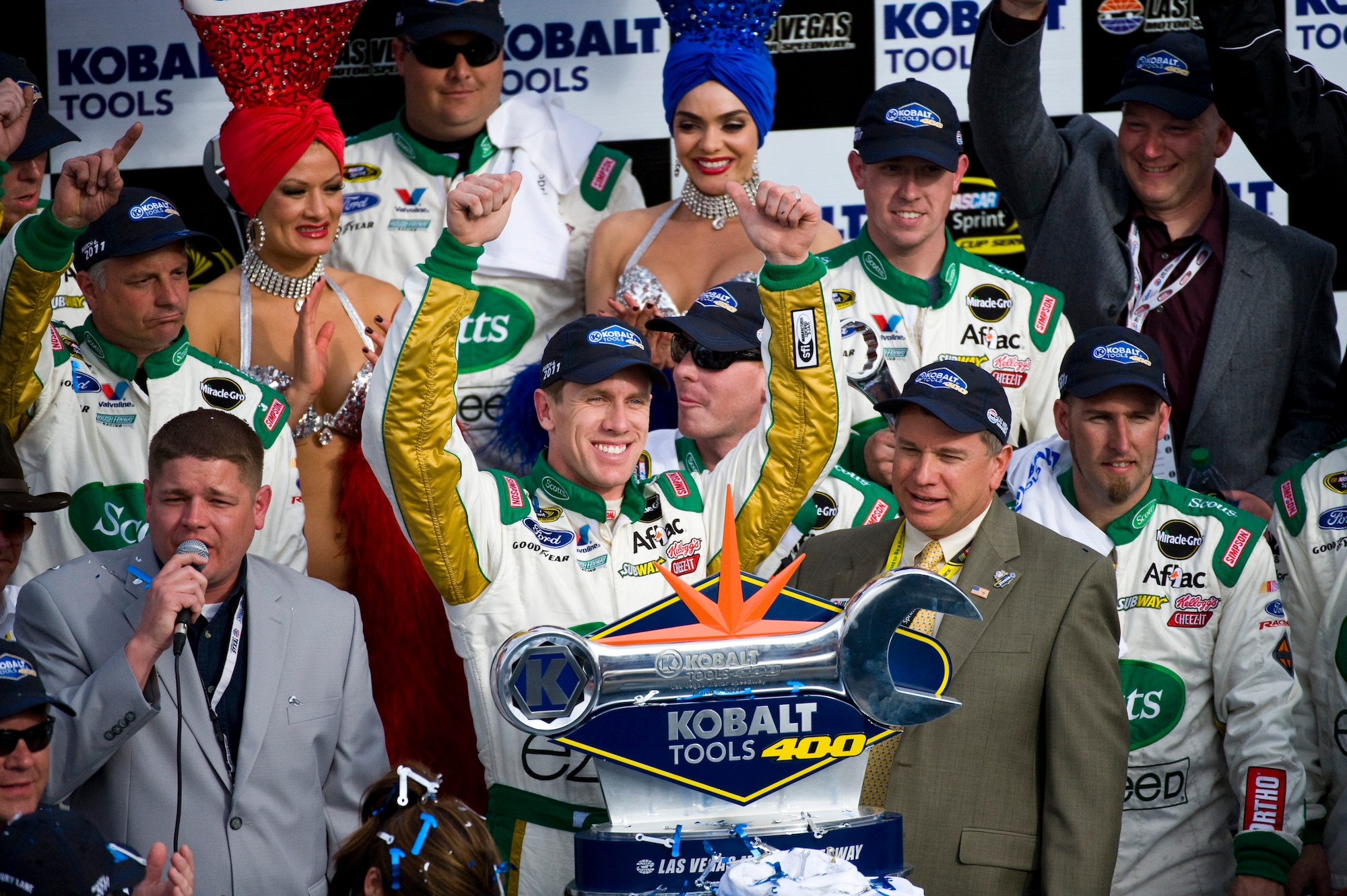 LAS VEGAS -- Carl Edwards of Roush Fenway Racing, stand in victory lane with his pit crew and his trophy for winning the Kobalt Tools 400 race at the Las Vegas Motor Speedway as part of the NASCAR Sprint Cup Series March 6. Carl Edwards donated his trophy to the U.S. Air Force Air Demonstration Squadron "The Thunderbirds" after his win at the NASCAR race Sunday at Las Vegas Motor Speedway.(U.S. Air Force photo by Airman 1st Class Daniel Hughes)
