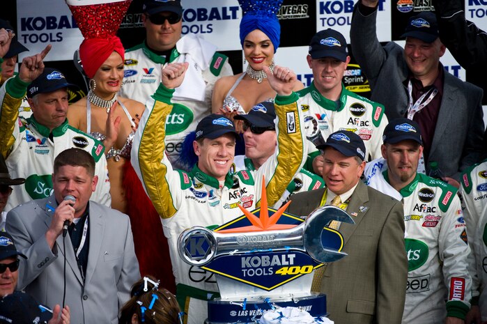 LAS VEGAS -- Carl Edwards of Roush Fenway Racing, stand in victory lane with his pit crew and his trophy for winning the Kobalt Tools 400 race at the Las Vegas Motor Speedway as part of the NASCAR Sprint Cup Series March 6. Carl Edwards donated his trophy to the U.S. Air Force Air Demonstration Squadron "The Thunderbirds" after his win at the NASCAR race Sunday at Las Vegas Motor Speedway.(U.S. Air Force photo by Airman 1st Class Daniel Hughes)