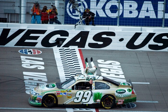 LAS VEGAS -- Carl Edwards of Roush Fenway Racing, celebrates after winning the Kobalt Tools 400 race at the Las Vegas Motor Speedway as part of the NASCAR Sprint Cup Series March 6. Carl Edwards donated his trophy to the U.S. Air Force Air Demonstration Squadron "The Thunderbirds" after his win at the NASCAR race Sunday at Las Vegas Motor Speedway. (U.S. Air Force photo by Airman 1st Class Daniel Hughes)