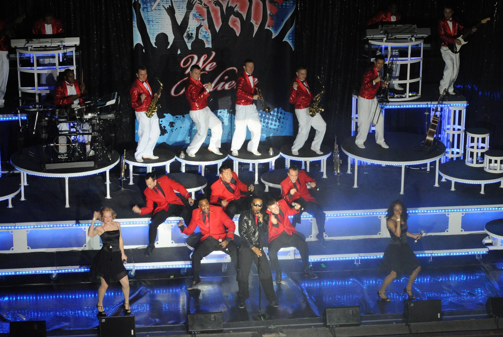 Tops In Blue Airmen perform at the Orpheum Theatre March 4, 2011, in downtown Wichita, Kan. Tops In Blue is an all-active duty U.S. Air Force special unit made up of amateur performers. Known as the Air Forces’ Expeditionary Entertainers, the group’s main mission is to perform for military personnel and their families throughout the world.  (U.S. Air Force Photo/Airman 1st Class Katrina M. Brisbin)