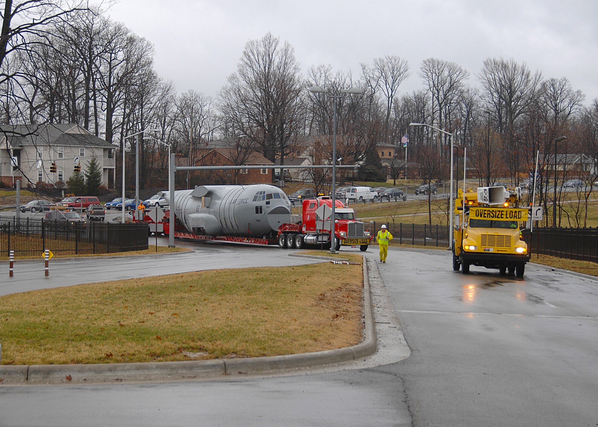 The C-130 Training Simulator arrives at Gate 19B after completed the long trip from Brooks City-Base in San Antonio, Texas.