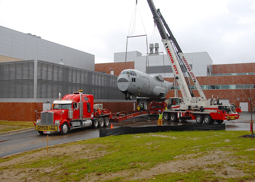 The C-130 Training Simulator arrives at Wright-Patterson Air Force Base after completing the long trip from Brooks City-Base in San Antonio, Texas. The simulator will be used to train Air Force medical professionals on transporting and treating patients on aircraft. Historically, this training was conducted by the U.S. Air Force School of Aerospace Medicine at Brooks. However, the USAFSAM relocated to Wright-Patterson as a result of the BRAC 2005 decision. (U.S. Air Force photo/Ben Strasser)