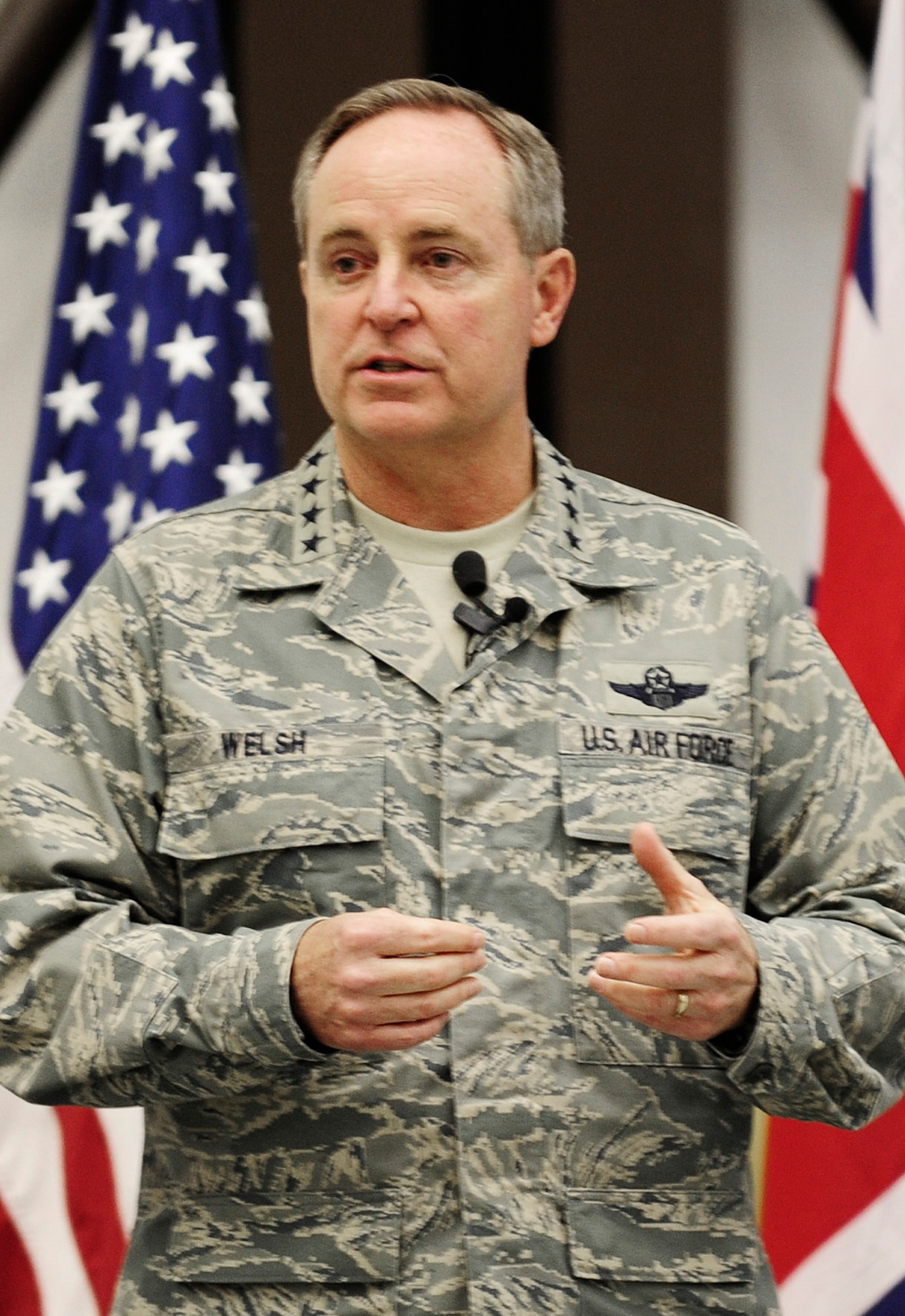 RAF MILDENHALL, England -- Gen. Mark A. Welsh III, U.S. Air Forces in Europe commander, discusses USAFE's goals to Team Mildenhall during an all-call here, March 2, 2011. The goals include providing combat-ready forces, building partner capacities, strengthening relationships with allies, and taking care of Airmen and their families.  (U.S. Air Force photo/Staff Sgt. Jerry Fleshman)