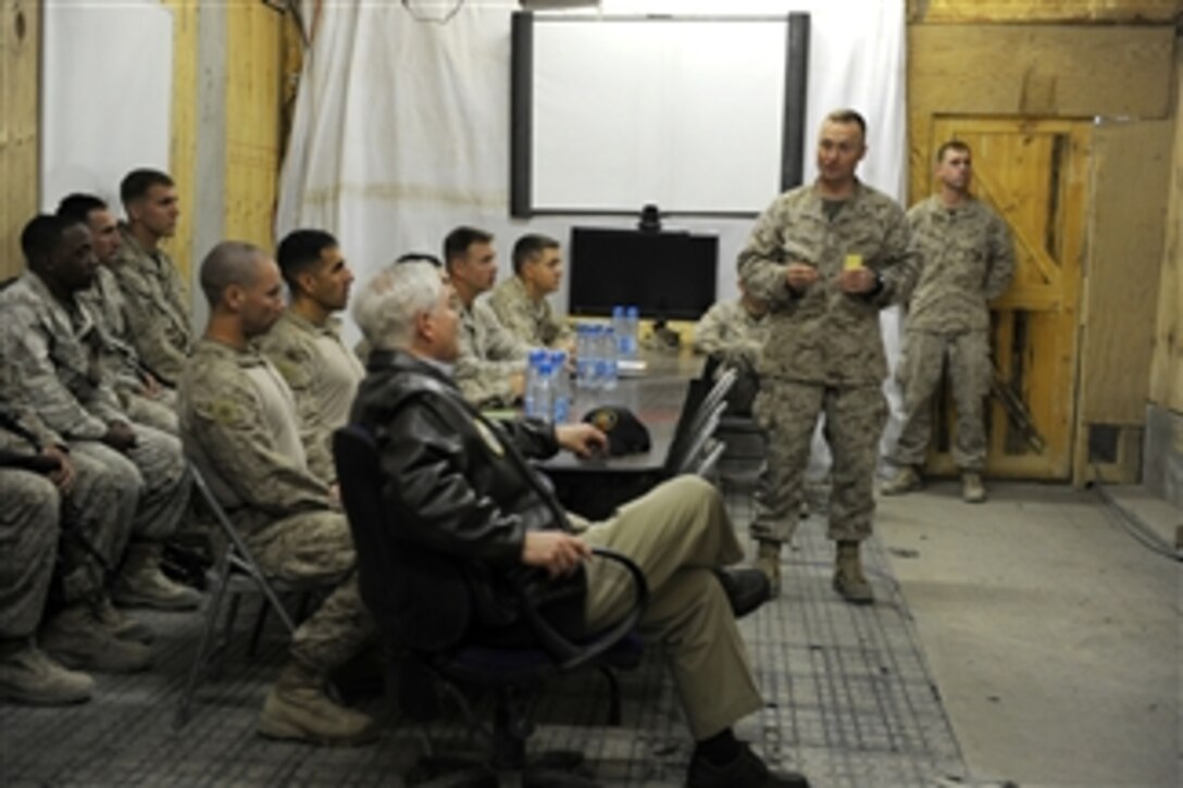 Commander of the 3rd Battalion, 5th Marine Regiment Lt. Col. Jason Morris and his team members brief Secretary of Defense Robert M. Gates on their challenges and successes in Afghanistan on March 8, 2011.  