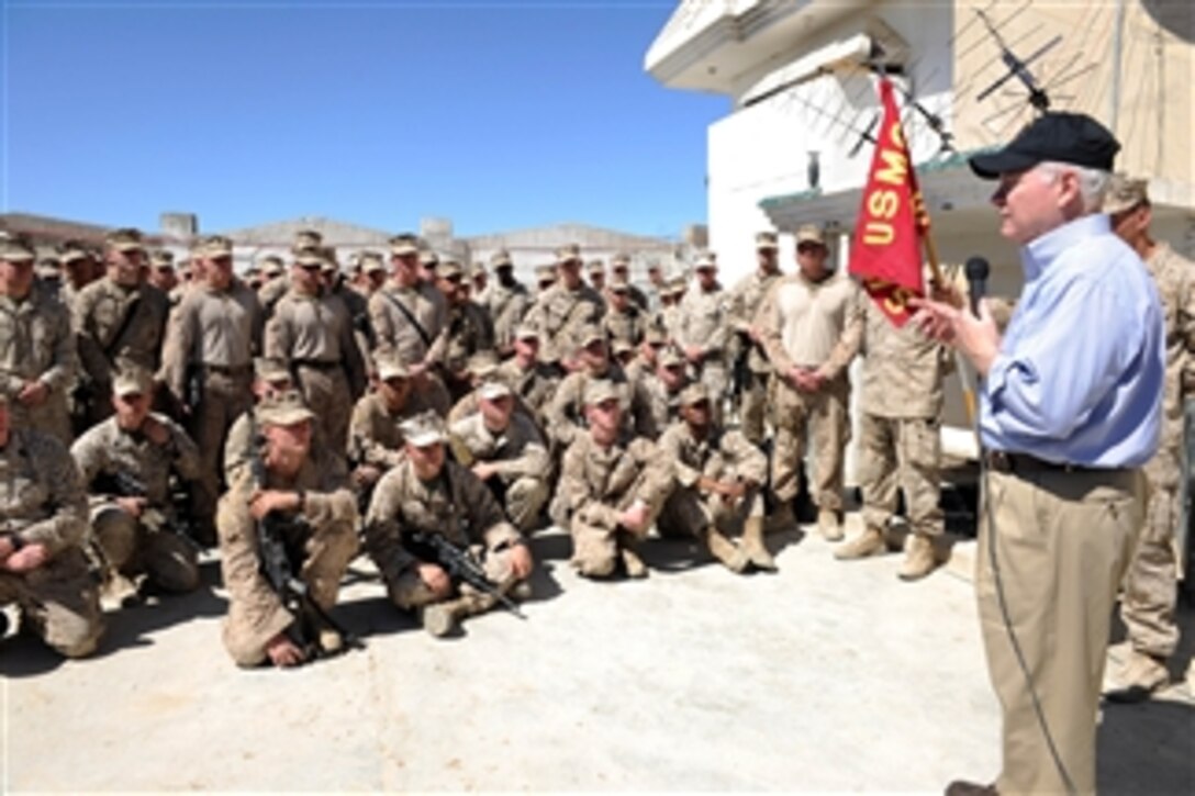 Secretary of Defense Robert M. Gates addresses Marines of the 3rd Battalion, 5th Regiment at Forward Operating Base Qadam in Afghanistan on March 8, 2011.  
