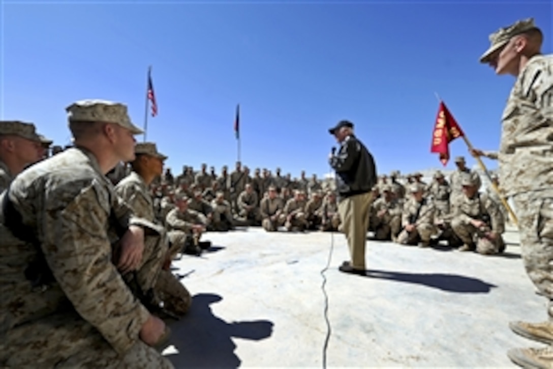 U.S. Defense Secretary Robert M. Gates addresses U.S. Marines on Forward Operating Base Sabit Qadam in Afghanistan, March 8, 2011. The Marines are assigned to the 3rd Battalion, 5th Regiment.