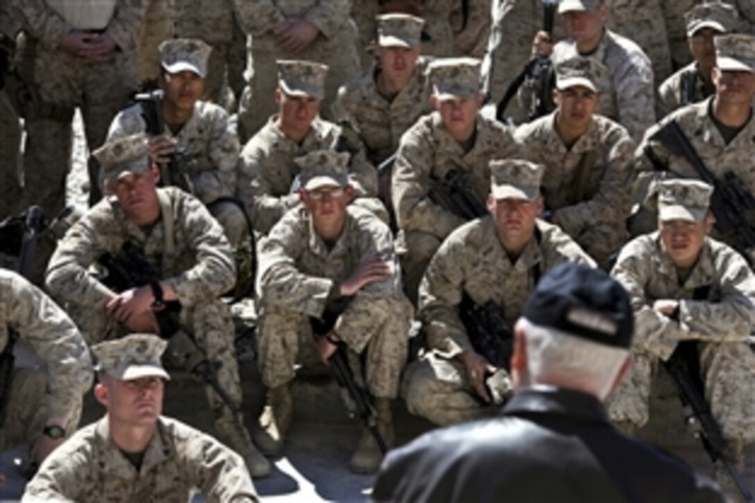 U.S. Defense Secretary Robert M. Gates addresses U.S. Marines on Forward Operating Base Sabit Qadam in Afghanistan, March 8, 2011. The Marines are assigned to the 3rd Battalion, 5th Regiment.