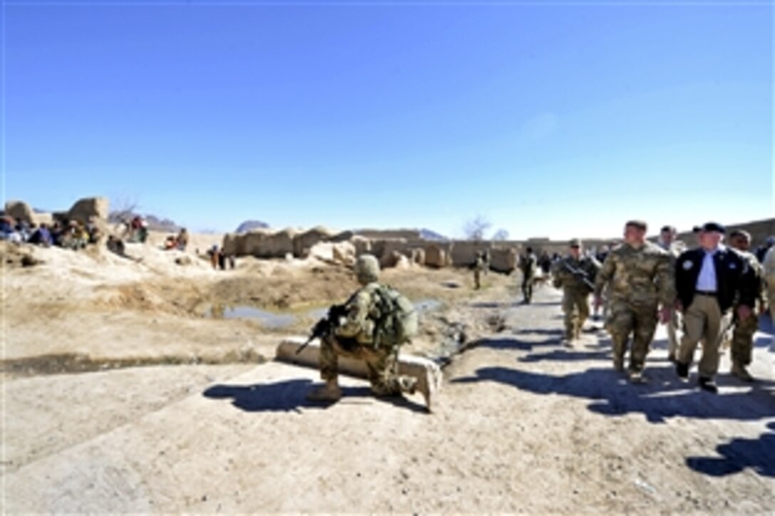 U.S. Defense Secretary Robert M. Gates tours a village outside of Combat Outpost Kowall in Afghanistan, March 8, 2011.