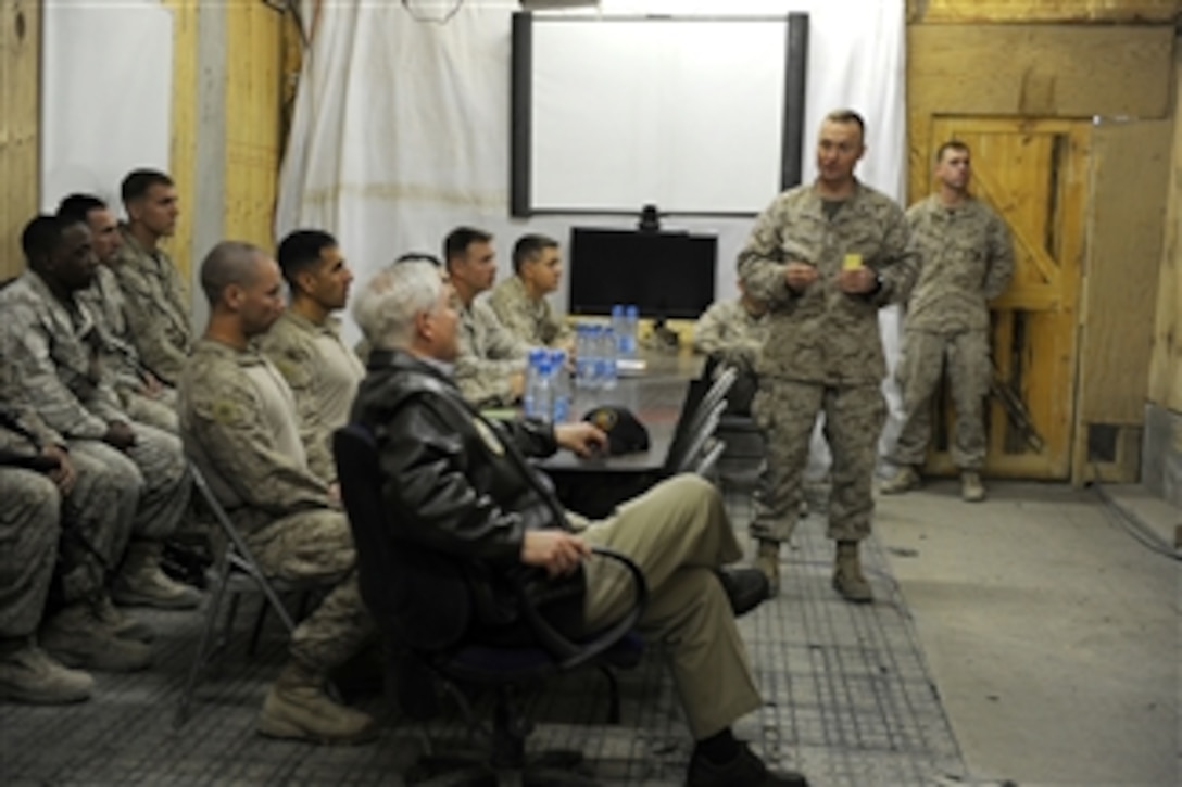 Commander of the 3rd Battalion, 5th Marine Regiment Lt. Col. Jason Morris and his team members brief Secretary of Defense Robert M. Gates on their challenges and successes in Afghanistan on March 8, 2011.  