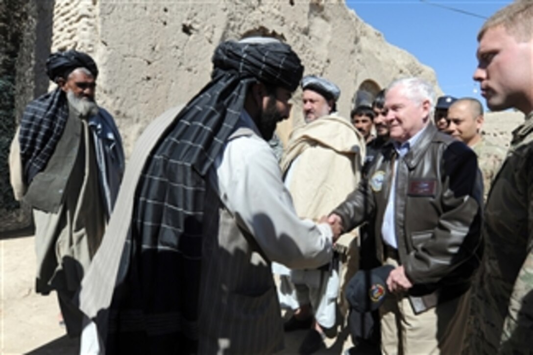 Secretary of Defense Robert M. Gates meets with local elders in the village of Tabin outside of Combat Outpost Kowall in Afghanistan on March 8, 2011.  