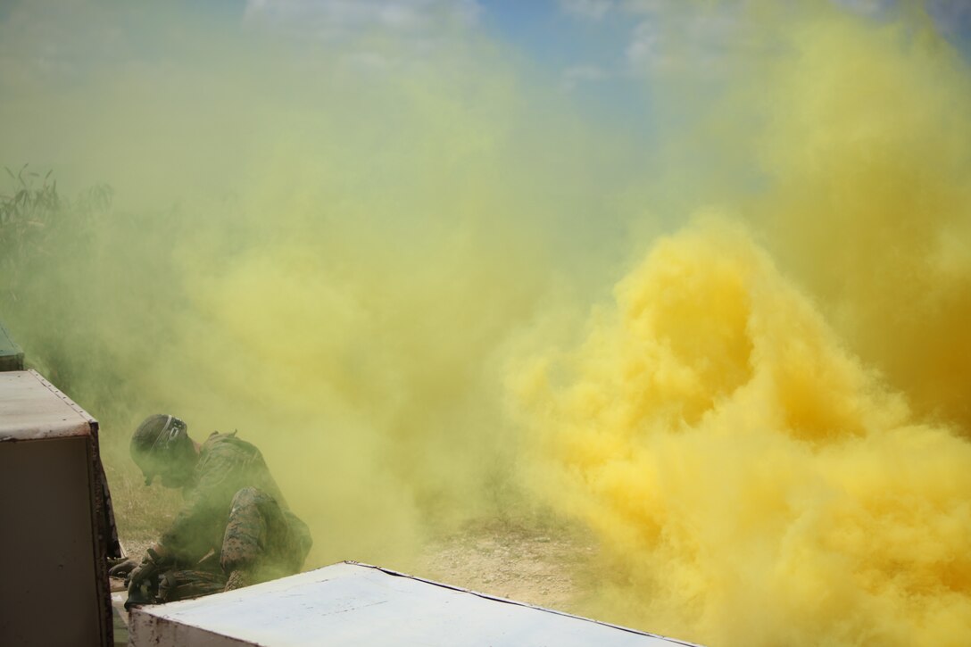 A 'dead' enemy aggressor lies in a cloud of smoke during close quarters battle training, March 8, as part of exercise Tradewinds 2011.::r::::n::