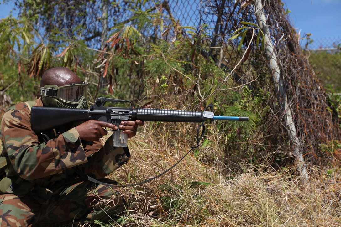 A Jamaican soldier scans through the foliage for enemy cobatants during close quarters battle training, March 8, as part of exercise Tradewinds 2011.::r::::n::