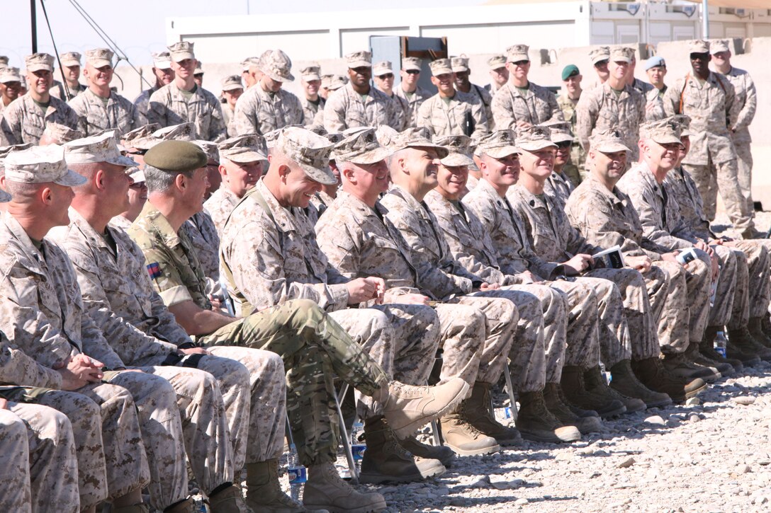 Maj. Gen. Richard P. Mills, the commanding general of Regional Command Southwest addresses the audience during the 3rd Marine Aircraft Wing (Forward) transfer of authority to 2nd Marine MAW (Fwd.) at Camp Leatherneck, Afghanistan, March 9. “As I listened this morning to the orders that transferred responsibility from one command to another, I couldn’t help but think about what responsibility entails,” said Mills. “It’s very easy to say it, but a lot tougher to do it.”