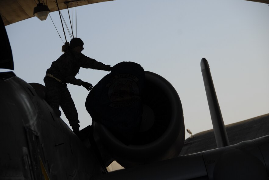 A crew chief assigned to the 354th Expeditionary Fighter Squadron, receives the first A-10C aircraft from Davis-Monthan Air Force Base, Arizona, to land at Osan Air Base, Republic of Korea, March 9.  The U.S. Air Force is deploying 12 A-10C aircraft from Davis-Monthan to Osan for approximately six months as part of a scheduled deployment. (U.S. Air Force photo by Senior Master Sgt. Paul Holcomb)