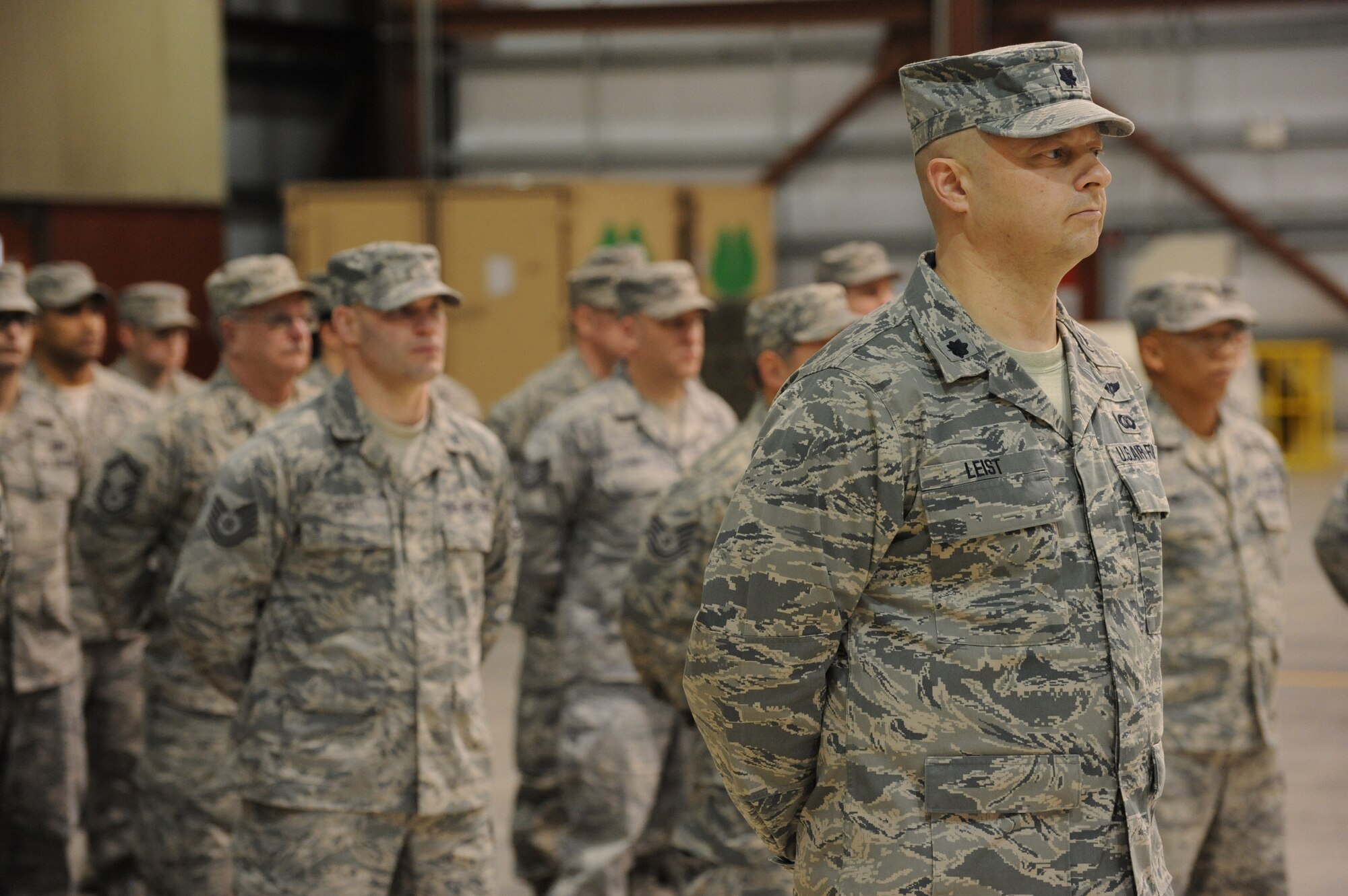 Oregon Air National Guard Lt. Col. Gregor Leist, 116th Air Control Squadron Commander, stands in front of the Airmen deploying to the Middle East in support of Operation Enduring Freedom on March 4, 2011. The mobilization ceremony  held at the Portland Air National Guard Base, Portland, Ore was attented by Congressman David Wu (OR-District 1), Oregon Governor John Kitzhaber, Maj. Gen. Raymond F. Rees, Adjutant General, Oregon, and Brig. Gen. Steven Gregg, Commander of the Oregon Air National Guard. (U.S. Air Force photograph by Tech. Sgt. John Hughel, 142nd Fighter Wing Public Affairs)