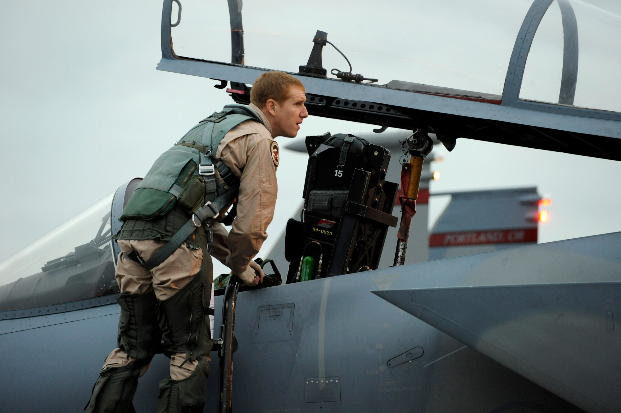 Oregon Air National Guard Major Adam Sitler goes through the pre-flight check of his F-15C Eagle prior to take off on October 2nd, 2010 at the Portland Air National Guard Base, Portland, Ore. (US Air Force photography by Staff Sgt. John Hughel, 142nd Fighter Wing Public Affairs)