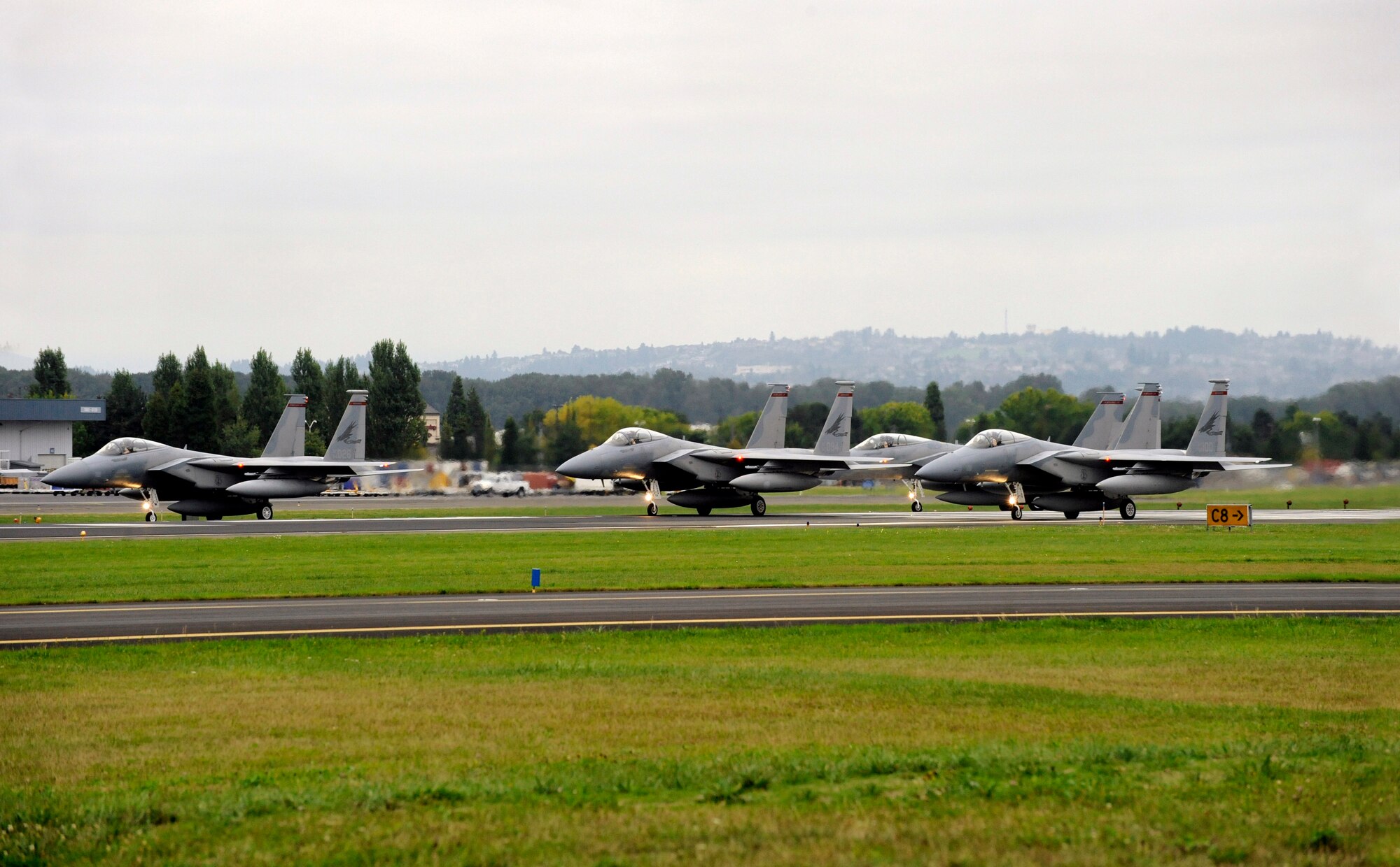 Four U.S. Air Force F-15 Eagles from the 142nd Fighter Wing prepare for take on on October 2, 2010 for a 30-day overseas training tour in support of Exercise IRON FALCON to the United Arab Emirates Air Warfare Center. A total of Six jets and 131 members of the Oregon Air National Guard deployed to the UAE in support of Exercise IRON FALCON.  (U.S. Air Force Photograph by Staff Sgt. John Hughel, 142nd Public Affairs)
