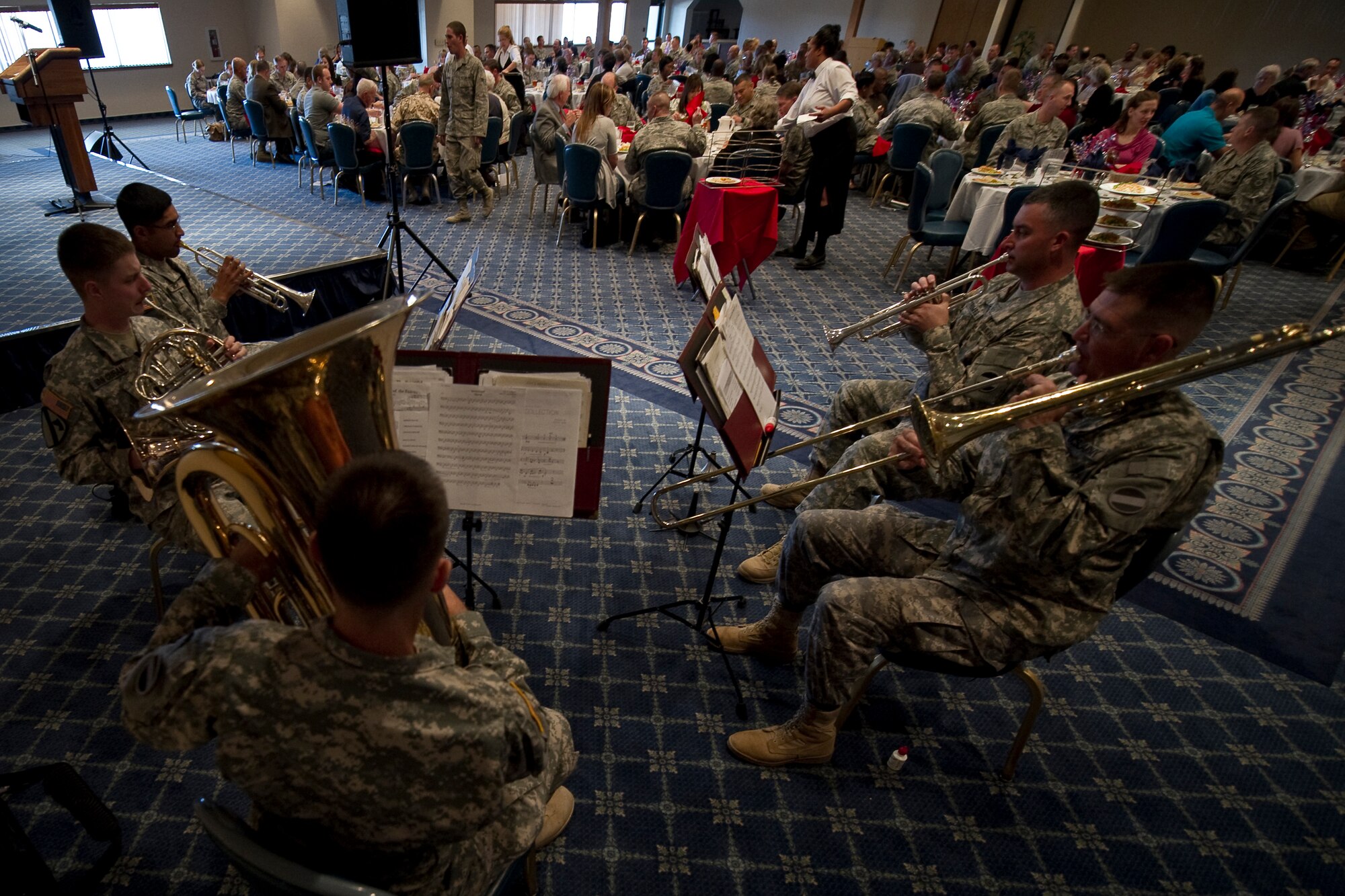 HOLLOMAN AIR FORCE BASE, N.M. -- The 62nd Army Band Brass Quintet out of Ft. Bliss, Texas, perform during Holloman’s National Prayer luncheon March 4, 2011. The event also featured music by the Chapel’s Protestant Praise Team and a reading of passages from the Bible, the Torah and the Quran. (U.S. Air Force photo by Airman 1st Class Joshua Turner/Released) 